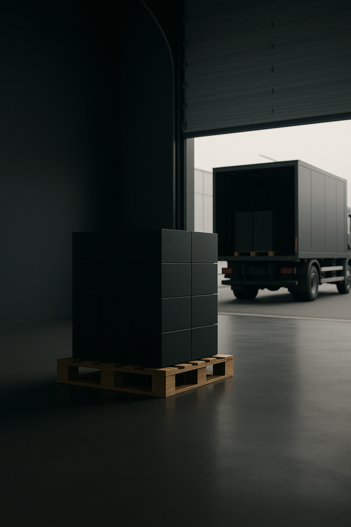 A pallet with some black boxes on it