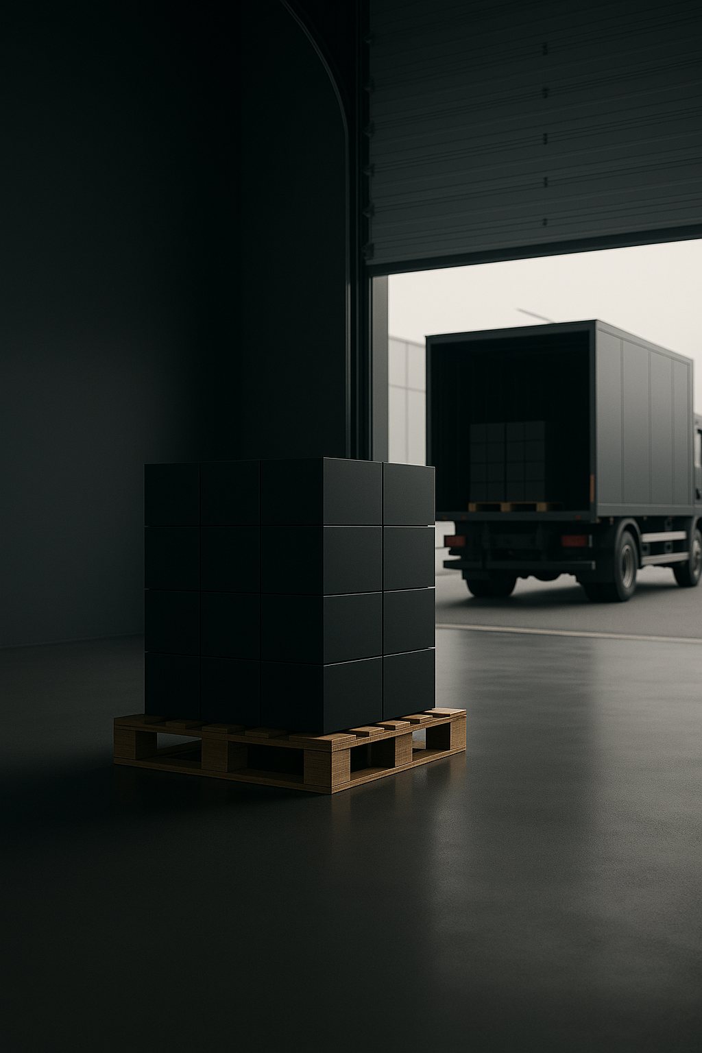 A pallet with some black boxes on it